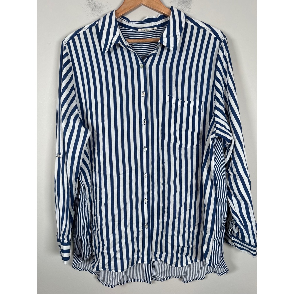 Jane and Delancey Striped Button Down Women 1X Blue Coastal Preppy